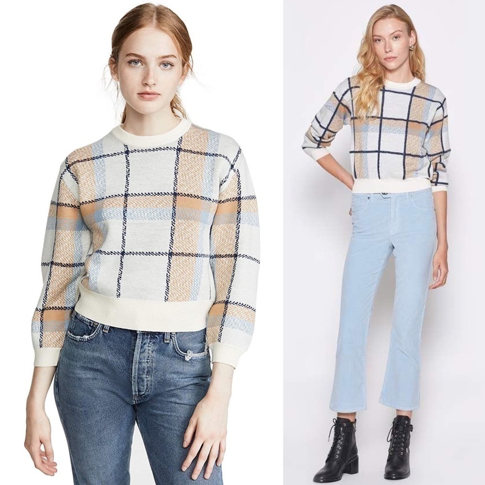 JOIE Wool Plaid Check Knit 3/4 Long Sleeve Crewneck‎ Cropped Pullover Sweater XS